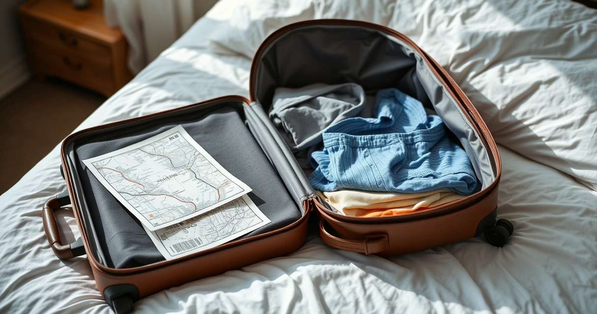 Mala aberta com roupas dobradas e um mapa de papel sobre a cama