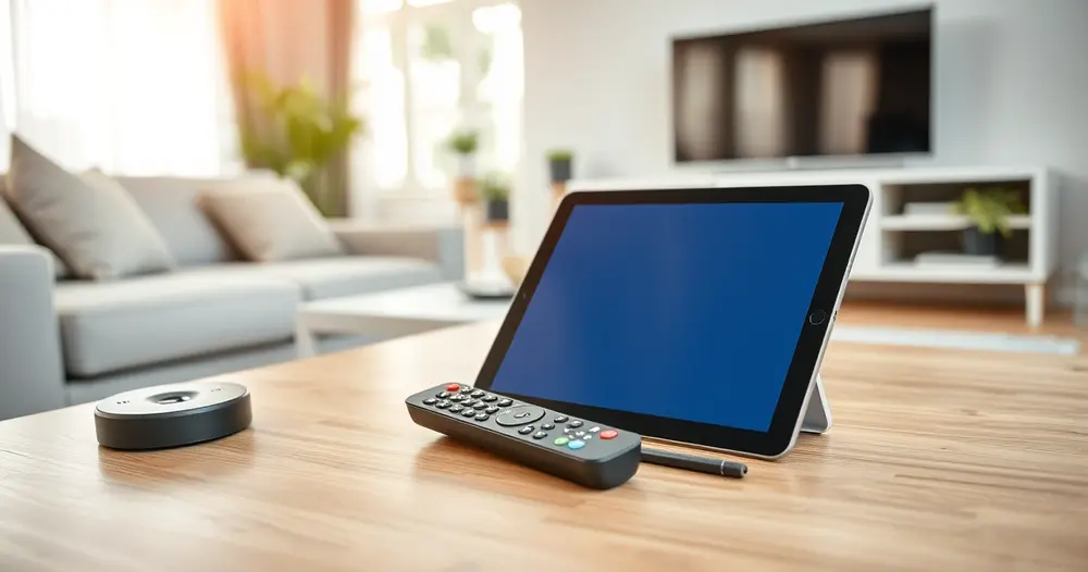 tablet e controle remoto sobre mesa de centro em sala clara