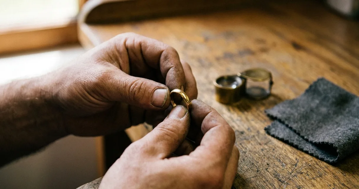 Mãos de joalheiro segurando um anel de ouro sobre bancada de madeira, com lupa e flanela ao lado