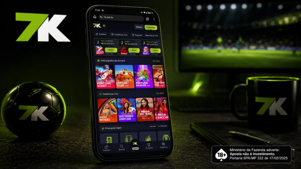 Arte com celular exibindo um aplicativo de apostas ao lado de uma bola